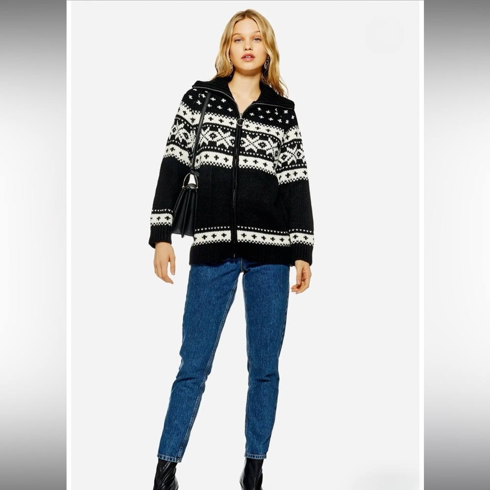 Topshop Fair Isle Cardigan Black and White Patterned Zip-Up Sweater